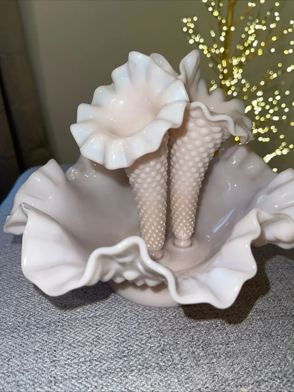 Fenton Hobnail Triple Epergne Vase in Pink Milk Glass - Picture 7 of 10